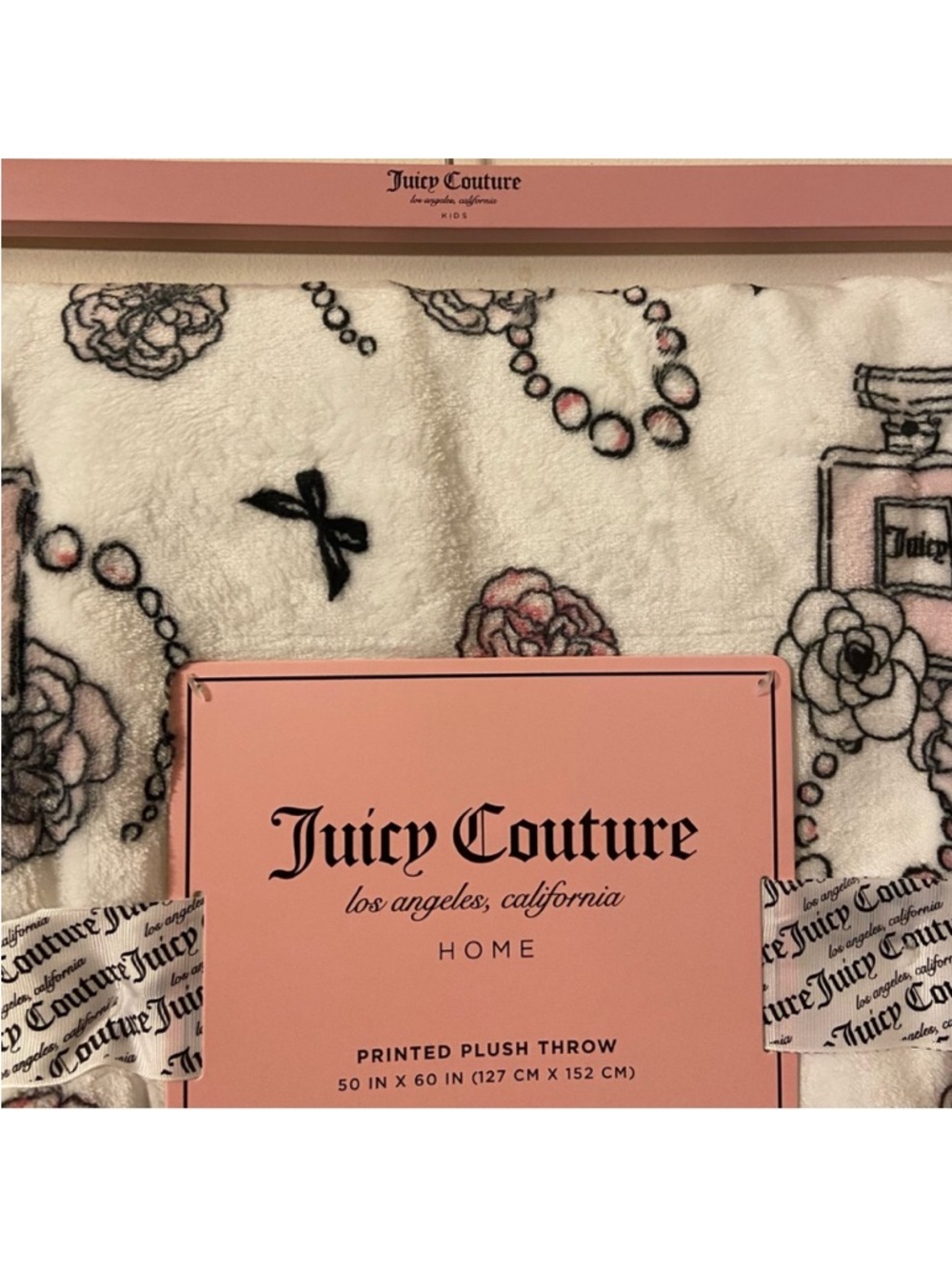 Juicy Couture Pink, Black & Cream Girly Perfume Roses and Jewelry Print Throw. - Picture 2 of 5